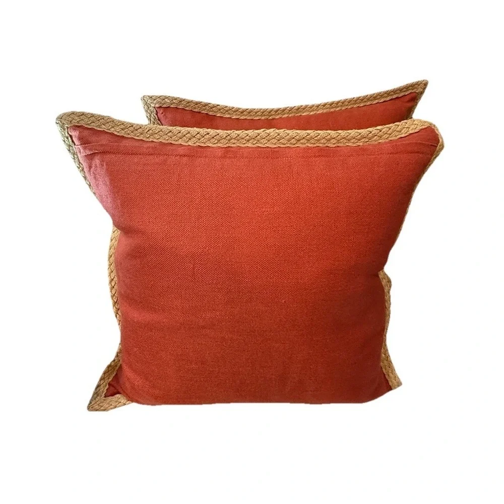 2x Pottery Barn 20x20 Linen Pillows Coral Terracotta Unique Sage Jute Trim Zip